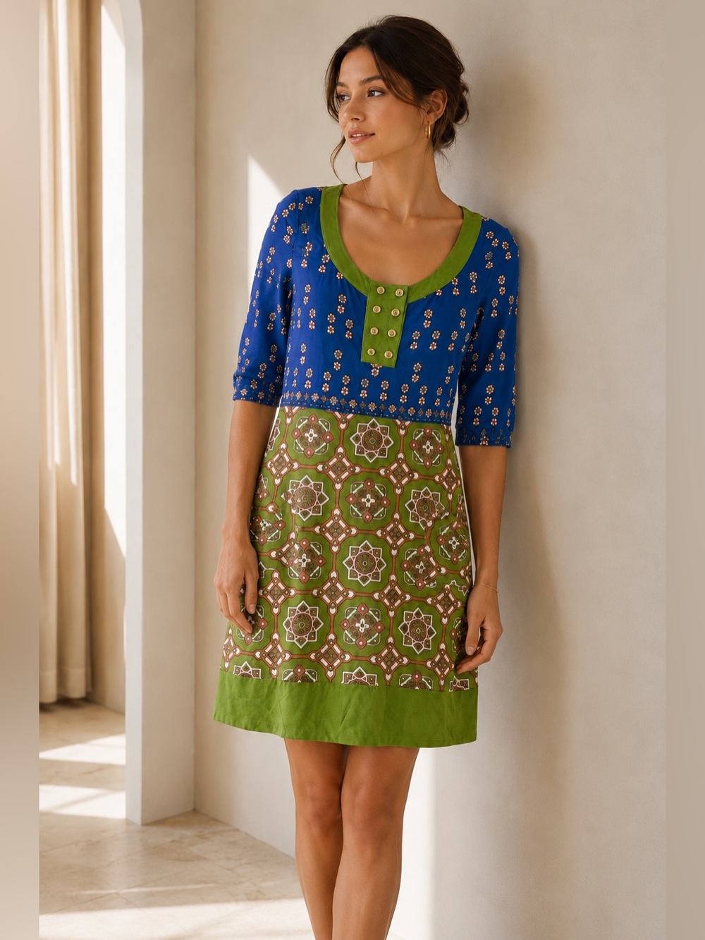 Juicy Couture Silk Blend Retro Tile Print Dress Small Green Blue Y2K